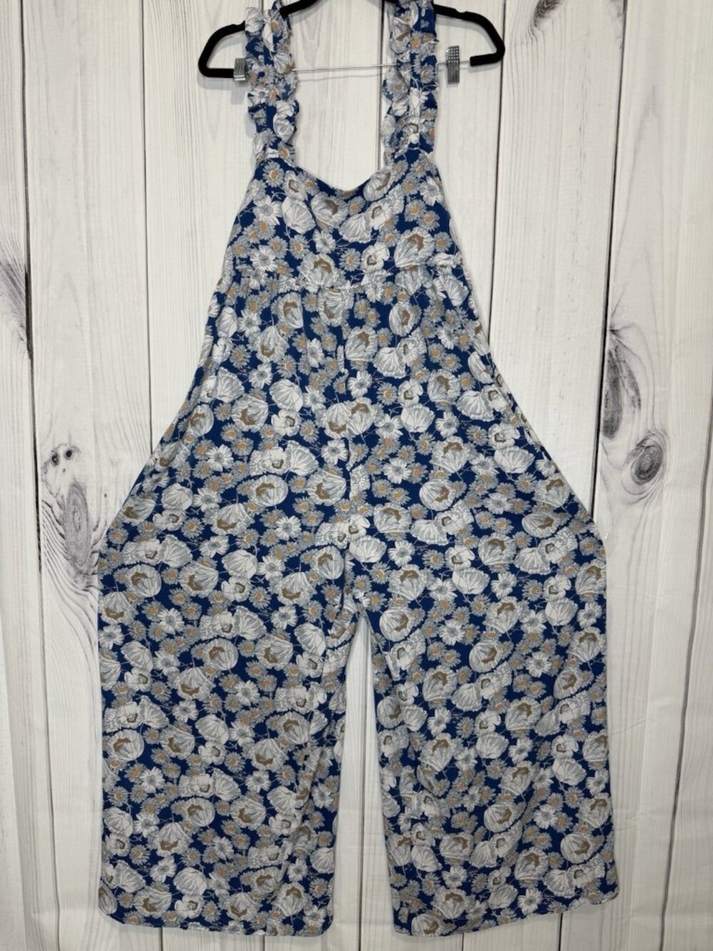 KORI Floral Maxi Jumpsuit Blue White Sleeveless Sz L Ruffle Straps Back Sash Tie